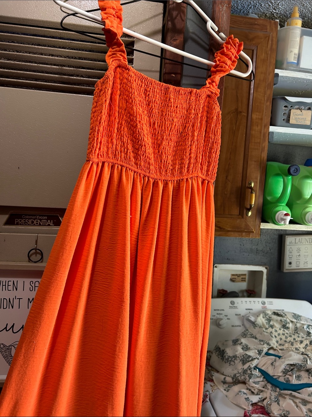 Discreet Orange Smocked Sundress with Ruffled Straps